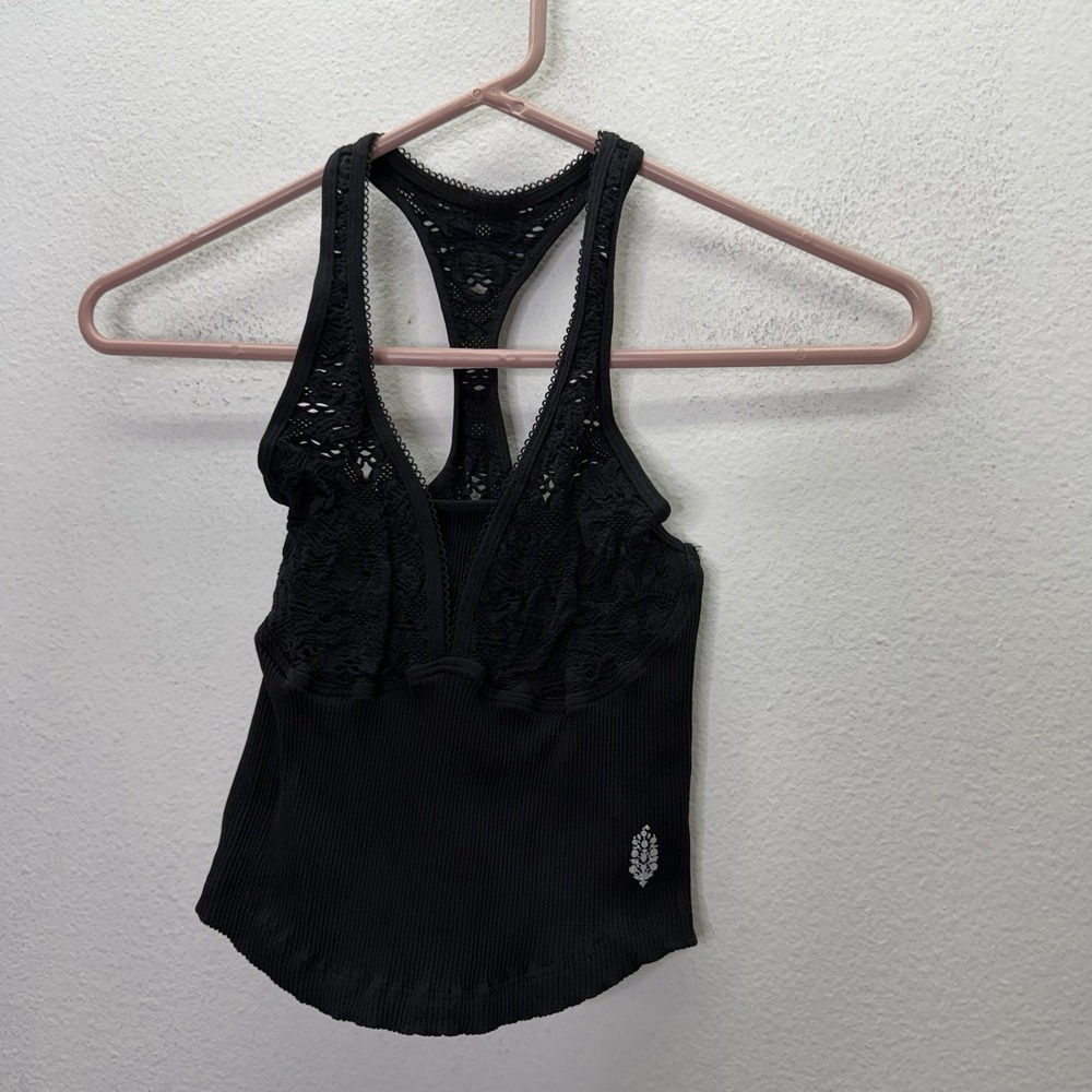 Free People Movement Ribbed Tank Top Lace XS/S Cropped Milkmaid Contoured Bust
